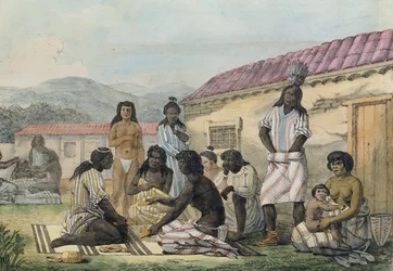 Um jogo interpretado pelos nativos da Califórnia, de "Quaint Travel Around the World", gravado por Jean Pierre Norblin (1745-1830) publicado em 1822
